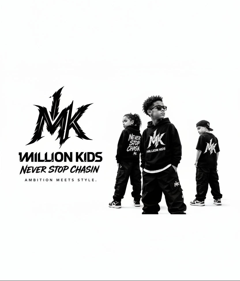 Three children wearing 'Million Kids' clothing with brand logo and tagline on a white background.